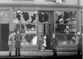 Damage to a grocery store on Powell Street during during 1907 race riots in Vancouver, BC.